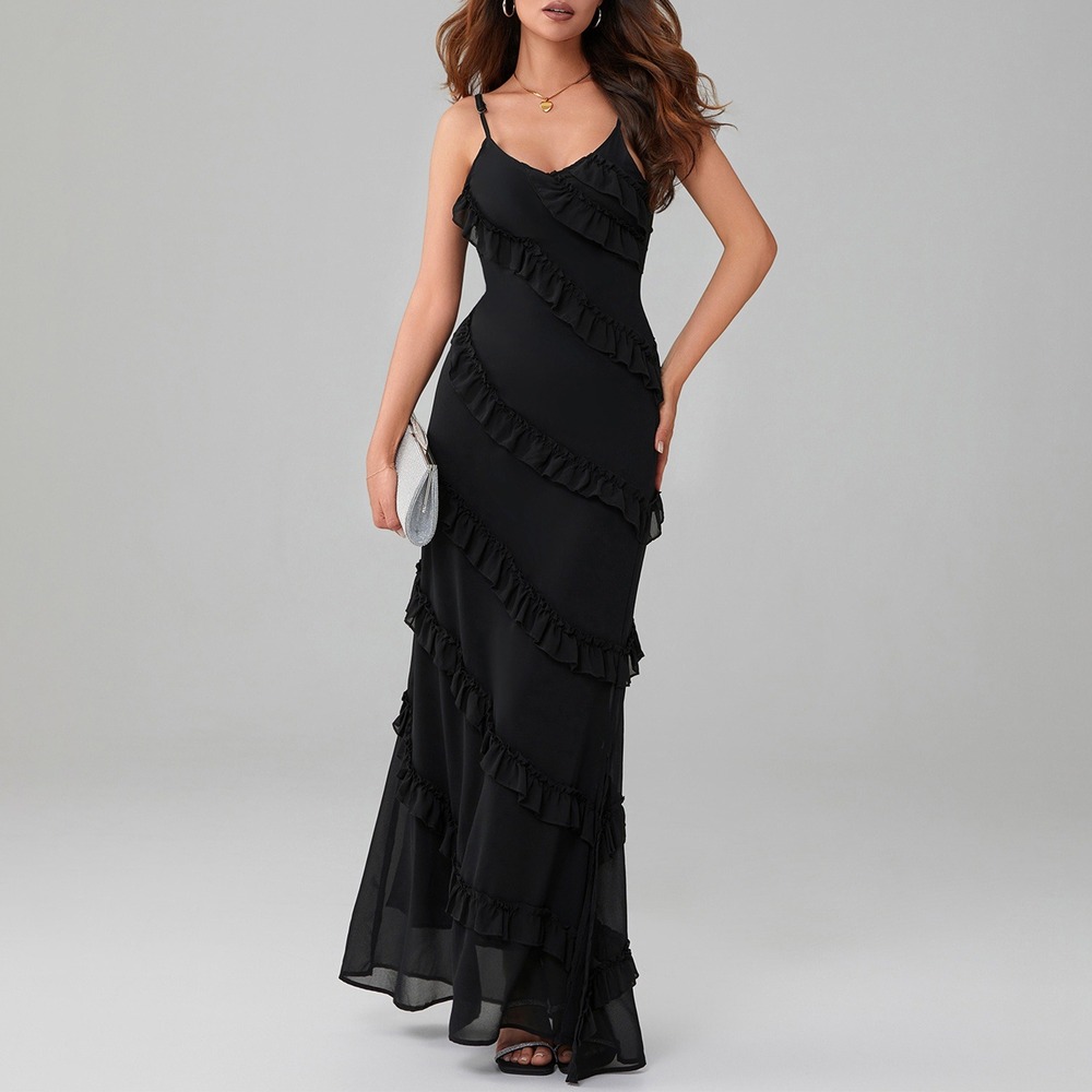 Micas Ruffle Maxi Dress Spaghetti Strap Sleeveless Evening Party Dress Size XL